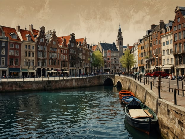 Auf dem Bild ist eine malerische Stadtansicht mit einem Kanal, der von historischen Gebäuden gesäumt ist. Die Architektur erinnert an viele charmante Reiseziele in Europa, wie zum Beispiel:

1. **Amsterdam, Niederlande** - Bekannt für seine Kanäle und bunten Häuser.
2. **Kopenhagen, Dänemark** - Mit charakteristischen Häusern und einer lebhaften Uferpromenade.
3. **Brügge, Belgien** - Berühmt für seine mittelalterlichen Gebäude und romantischen Wasserwege.

Die Szene vermittelt eine einladende und entspannte Atmosphäre, die typisch für viele dieser europäischen Städte ist.