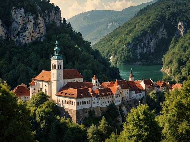 Auf dem Bild ist eine malerische Landschaft mit einem historischen Gebäude zu sehen, das von üppigem Grün und Bergen umgeben ist. Solche Szenen findest du in vielen weniger bekannten, aber bezaubernden Reisezielen Europas.

Ein Geheimtipp wäre beispielsweise **Tanzanian Gorges** in Slowenien. Diese Region bietet atemberaubende Natur, Wanderwege und die Möglichkeit, die unberührte Schönheit der Landschaft zu genießen, ohne von Touristen überlaufen zu werden.

Ein weiterer Geheimtipp ist **Ronda** in Spanien, bekannt für ihre beeindruckende Schlucht und die historische Brücke. Die Stadt hat eine charmante Atmosphäre und ermöglicht es Besuchern, in die lokale Kultur einzutauchen.

Wenn du ein bisschen Abenteuer suchst, könnte **Sibiu** in Rumänien eine gute Wahl sein. Mit seiner gut erhaltenen Altstadt und der malerischen Umgebung ist es ein fantastischer Ort für Geschichts- und Naturliebhaber.