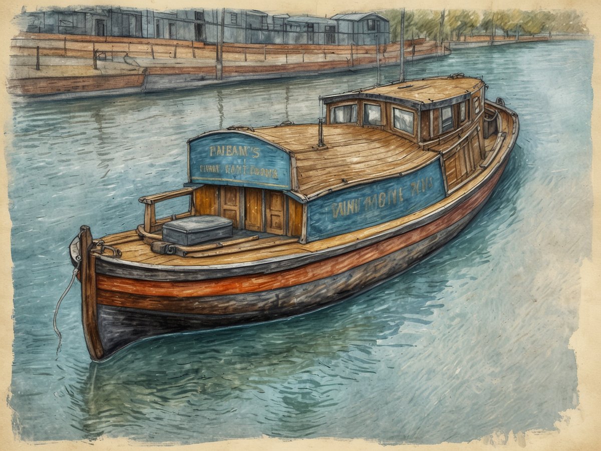 Auf dem Bild ist ein traditionelles, hölzernes Boot auf einem ruhigen Kanal zu sehen. Das Boot hat eine kleine Steuerbank und eine Holzstruktur, die mit sanften Farben gezeichnet ist. Im Hintergrund sind mehrere Gebäude am Ufer des Kanals zu erkennen, die ebenfalls in einem malerischen Stil dargestellt sind. Die Wasseroberfläche spiegelt das Boot und die Umgebung wider und trägt zur friedlichen Atmosphäre bei, die typisch für die Kanäle in Amsterdam ist. Bei einem Besuch in Amsterdam lohnt es sich, eine Bootstour zu unternehmen, um die Stadt aus einer anderen Perspektive zu erleben und die schöne Architektur entlang der Kanäle zu genießen.