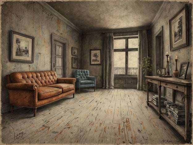 Auf dem Bild ist ein ruhiger Raum zu sehen, der mit einem braunen Sofa und einem blauen Sessel eingerichtet ist. Der Holzfußboden ist gut sichtbar und zeigt einige Gebrauchsspuren. An den Wänden hängen Bilder, und das große Fenster lässt sanftes Licht herein. Eine Pflanze sowie Kerzen auf einem Sideboard verleihen dem Raum eine gemütliche Atmosphäre. Es ist ein Ort, der zum Entspannen einlädt. **Die Reise genießen.**