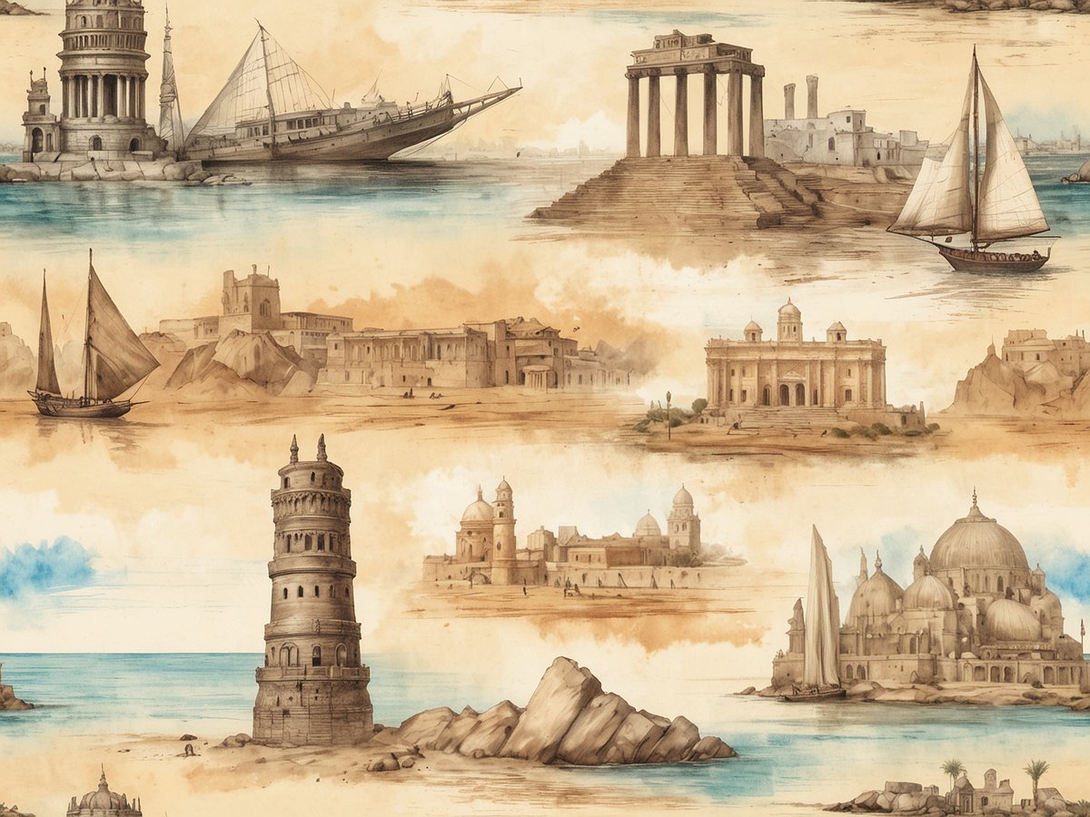 Das Bild zeigt eine künstlerische Collage von verschiedenen historischen Bauwerken und Landschaften, darunter einen markanten Leuchtturm, antike Tempel, ein eindrucksvolles Fort und mehrere traditionelle Segelschiffe auf dem Wasser. Die Darstellung ist in sanften, erdigen Farbtönen gehalten und vermittelt ein Gefühl von Abenteuer und Entdeckung. Solch eine Darbietung von architektonischen Meisterwerken und maritimen Szenen erweckt den Wunsch, die Schönheit und Vielfalt von Den Haag und seiner Umgebung einmal im Leben zu erleben.