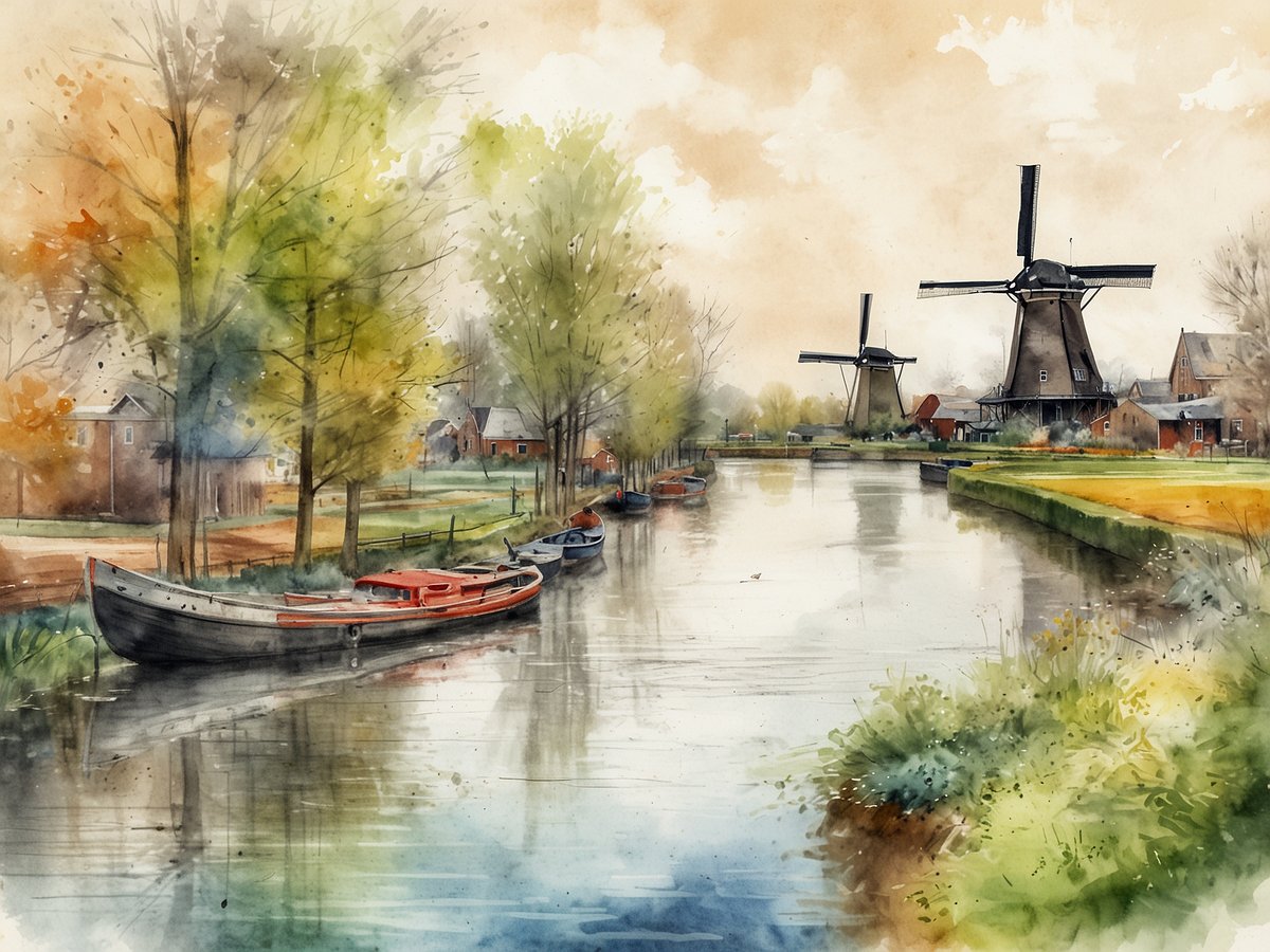 Eine malerische Landschaft mit einem ruhigen Kanal, gesäumt von bunten Bäumen in herbstlichen Farben. Auf dem Wasser liegen einige Boote, während im Hintergrund traditionelle Windmühlen und charmante niederländische Häuser zu sehen sind. Die weichen Wasserfarben und der sanfte Himmel schaffen eine idyllische Atmosphäre, die für einen Urlaub in den Niederlanden typisch ist.