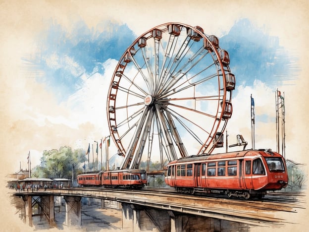 Auf dem Bild ist ein großes Riesenrad zu sehen, das eine beliebte Attraktion im Skyline Park darstellt. Neben dem Riesenrad fährt eine rote Bahn auf einer erhöhten Schiene, die Besucher zu verschiedenen Attraktionen bringen könnte. Die Szene vermittelt eine festliche Atmosphäre mit Bäumen und Flaggen im Hintergrund, die den Freizeitpark-Charakter unterstreichen.