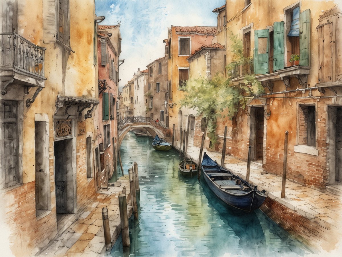 Eine idyllische Wasserstraße mit schmalen Kanälen umgeben von alten, farbenfrohen Gebäuden im venezianischen Stil. Auf dem klaren Wasser schwimmen mehrere kleine Boote, während im Hintergrund eine malerische Brücke die beiden Seiten des Kanals verbindet. Die Wände der Gebäude sind mit grünen Fensterläden und Balkonen geschmückt, und üppige Pflanzen verleihen dem Bild einen Hauch von Natur. Diese Szene spiegelt die romantische Atmosphäre und den Charme des historischen Wasserdorfes wider, was einen Besuch in Utrecht zu einem unvergesslichen Erlebnis macht.