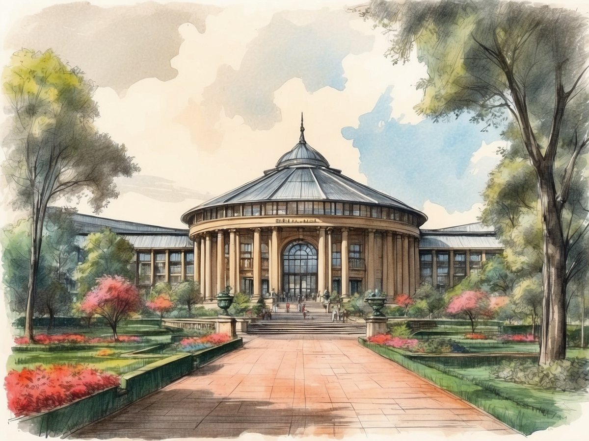 Die Darstellung zeigt das beeindruckende Gebäude der Wilhelma Zoologisch-Botanischer Garten Stuttgart. Das Bauwerk besticht durch seine markante Kuppel und die Säulenarchitektur im Vordergrund. Umgeben von einem liebevoll gestalteten Garten, in dem bunte Blumen und grüne Bäume angeordnet sind, strahlt die Szenerie eine einladende Atmosphäre aus. Menschen bewegen sich auf den Wegen undTreppen, während der Himmel leicht bewölkt ist und der Tag freundlich wirkt.