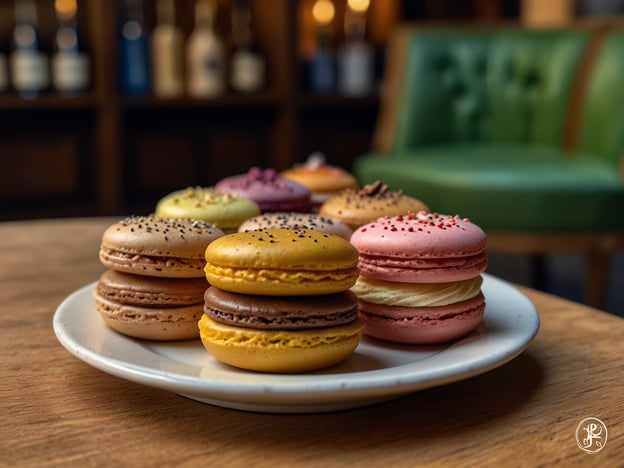 Auf dem Bild sind verschiedene Macarons zu sehen, die auf einem weißen Teller serviert sind. Diese bunten, gefüllten Mandelbaiser sind eine süße Delikatesse, die besonders in der französischen Küche geschätzt wird. Die unterschiedlichen Farben und Toppings deuten auf eine Vielzahl von Geschmacksrichtungen hin, die von zartem Vanille über schokoladigen bis zu fruchtigen Nuancen reichen können. Solch ein Anblick lädt dazu ein, sich ein Stückchen Genuss aus dieser kunstvollen Patisserie zu gönnen.