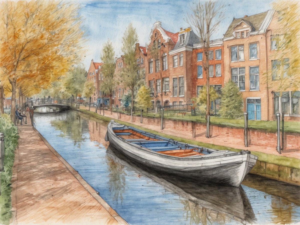 Das Bild zeigt eine ruhige Kanalansicht in Groningen mit einem weißen Boot, das am Ufer liegt. An den Seiten des Kanals stehen Bäume mit herbstlichen, gelben Blättern, und man sieht einige Reihenhäuser mit roten Ziegelfassaden und großen Fenstern, die eine charmante Kulisse bilden. In der Nähe sitzen Menschen auf einer Bank und genießen die friedliche Landschaft, während sich der Kanal sanft im Wasser spiegelt. Diese Szene vermittelt ein Gefühl von Gemütlichkeit und lädt dazu ein, einen Spaziergang entlang des Kanals zu machen und die Aussicht zu genießen.