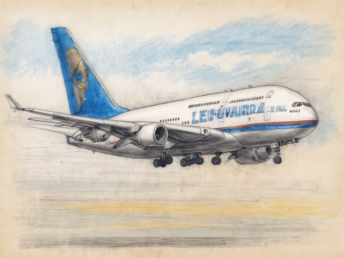 Ein Flugzeug mit der Aufschrift Leeuwarden steht auf einer Startbahn. Der Heckbereich des Flugzeugs ist blau und zeigt ein grafisches Element. Der Himmel ist hell mit sanften Wolken. Das Gesamtbild vermittelt eine technische Zeichnung des Flugzeugs.