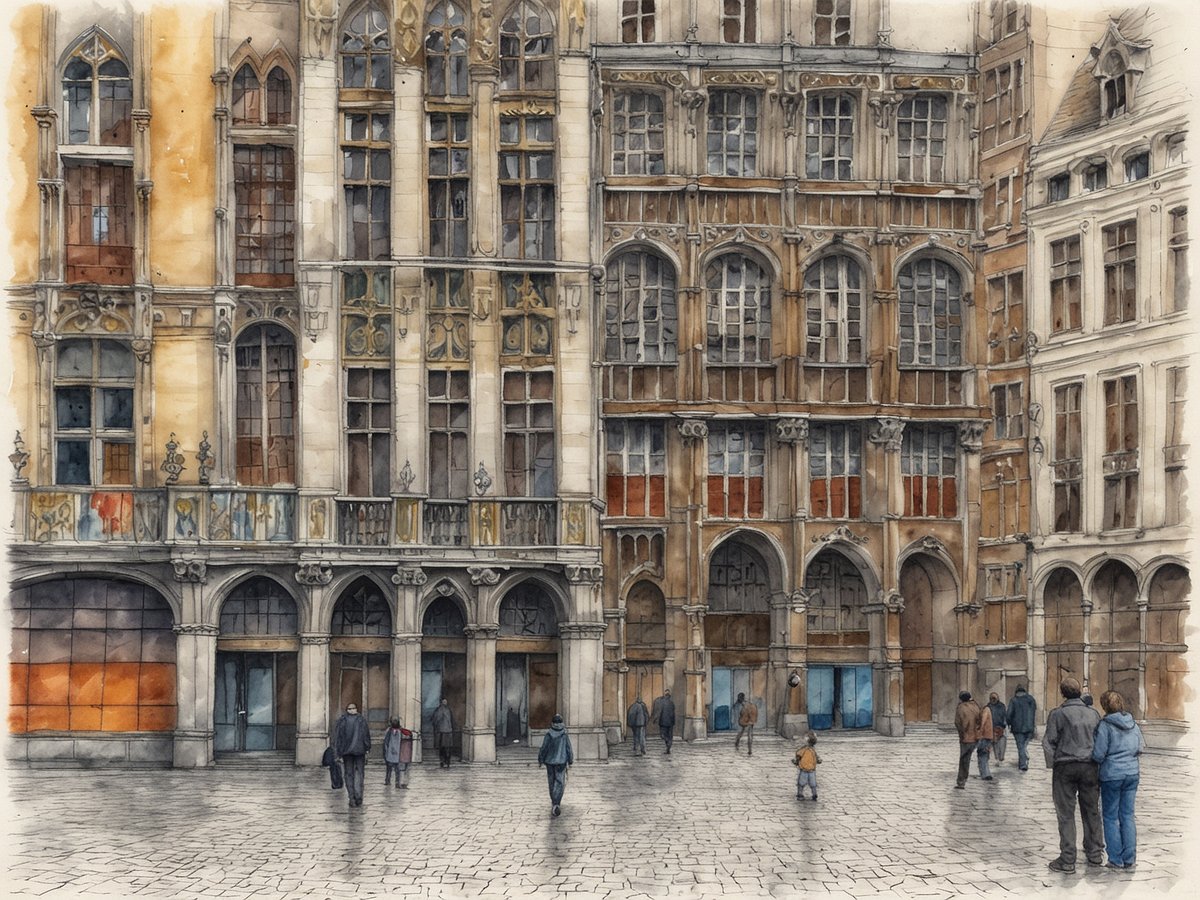 Eine detaillierte Ansicht eines historischen Platzes in Brüssel, umgeben von beeindruckenden, eleganten Gebäuden im gotischen und barocken Stil. Die Fassaden der Gebäude sind reich verziert, mit großen Fenstern und kunstvollen Balkonen. Auf dem Platz sind mehrere Personen zu sehen, die spazieren gehen und die Architektur bewundern. Der Boden ist mit großen, hellen Steinen gepflastert, was den charmanten Charakter dieses zentralen Ortes verstärkt. Ideal für Reisende, die die Kultur und Geschichte der Stadt erleben möchten.