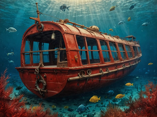 Auf dem Bild ist ein rotes, versunkenes Boot zu sehen, das sich in einer fantastischen Unterwasserwelt befindet. Um das Boot herum schwimmen viele Fische und es ist viel buntes Meeresleben sichtbar. Die Lichtstrahlen, die durch die Wasseroberfläche dringen, verleihen der Szene eine besondere Atmosphäre. Ägypten ist bekannt für seine atemberaubenden Tauchgebiete, die eine Vielfalt an Meereslebewesen und beeindruckenden Unterwasserlandschaften bieten. Diese Vorstellung könnte als Paradies für Taucher beschrieben werden, da die Gewässer dort reich an Korallen und Fischen sind.