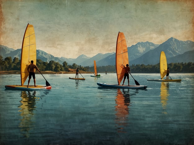 Auf dem Bild sieht man mehrere Personen, die auf verschiedenen Stand-Up-Paddle-Boards (SUP) stehen und paddeln. Die Boards sind bunten Farben, hauptsächlich Gelb und Blau. Im Hintergrund sind majestätische Berge zu sehen, die eine beeindruckende Kulisse bieten. Diese Szene spiegelt die Vielfalt der Wassersportarten wider, die man auf Bali erleben kann, wo solche Aktivitäten in der atemberaubenden Natur sehr beliebt sind.