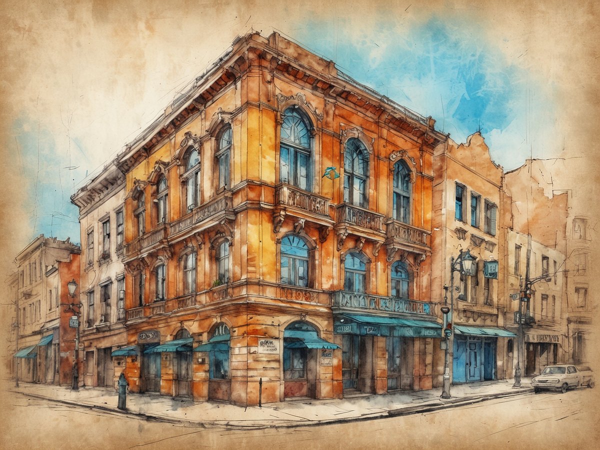 Eine beeindruckende Architektur im historischen Stil, die ein mehrstöckiges Gebäude mit ausgefallenen Fensterrahmen und verzierten Balkonen zeigt. Die Fassade ist in warmen, orangefarbenen Tönen gehalten und strahlt eine einladende Atmosphäre aus. Vor dem Gebäude befinden sich bereits einige Straßenschilder und Laternen, die das urbane Ambiente unterstreichen. Diese Szenerie verkörpert den Charme und die kulturelle Vielfalt Antwerpens, eine Stadt, die für ihre Geschichte, Kunst und lebendige Atmosphäre bekannt ist.