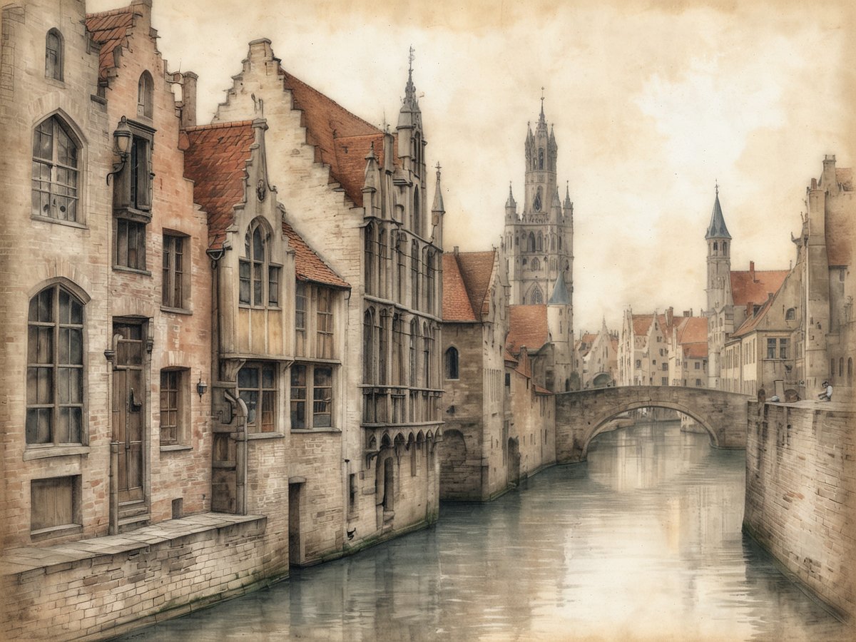 Eine malerische Ansicht eines kanäle durchziehenden Stadtteils in Belgien. Auf der linken Seite reihen sich charmante historische Gebäude mit spitzen Dächern und Fensterreihen an den Wasserlauf. Die Fassaden sind aus Ziegelstein und Holz, was der Szenerie einen rustikalen Charakter verleiht. Auf der rechten Seite erhebt sich eine alte steinerne Brücke, die über den Kanal führt, während im Hintergrund der markante Turm einer Kathedrale ins Bild ragt. Der Himmel wirkt sanft und neblig, was die romantische Atmosphäre des Ortes unterstreicht.