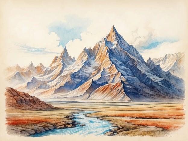 Auf dem Bild sind majestätische Berge zu sehen, die in sanften Farben dargestellt sind, sowie ein ruhiger Fluss, der durch eine weite, natürliche Landschaft fließt. Die Szene strahlt Ruhe und Schönheit aus, perfekt für Naturliebhaber und Wanderer.

**Tipps und Empfehlungen für den Besuch solcher Landschaften:**

1. **Beste Reisezeit:** Informiere dich über die Jahreszeiten. Frühling und Herbst sind oft ideal für Wanderungen, da das Wetter mild ist und die Natur besonders schön aussieht.

2. **Ausrüstung:** Trage festes, bequemes Schuhwerk und bringe geeignete Outdoor-Bekleidung mit, um dich vor wetterbedingten Überraschungen zu schützen.

3. **Karten und Routen:** Nutze Karten und Apps zur Routenplanung, um sicherzustellen, dass du die besten Aussichtspunkte und Wanderwege findest.

4. **Nachhaltigkeit:** Achte darauf, die Natur zu respektieren. Hinterlasse keine Spuren und halte dich an ausgewiesene Wege.

5. **Fotografie:** Vergiss nicht deine Kamera oder dein Smartphone, um die atemberaubenden Landschaften festzuhalten. Frühmorgens oder spät nachmittags ist das Licht oft am besten für Fotos.

6. **Proviant:** Nimm ausreichend Wasser und Snacks mit, vor allem wenn du länger unterwegs bist.

7. **Sicherheit:** Informiere jemanden über deine Pläne und die voraussicht