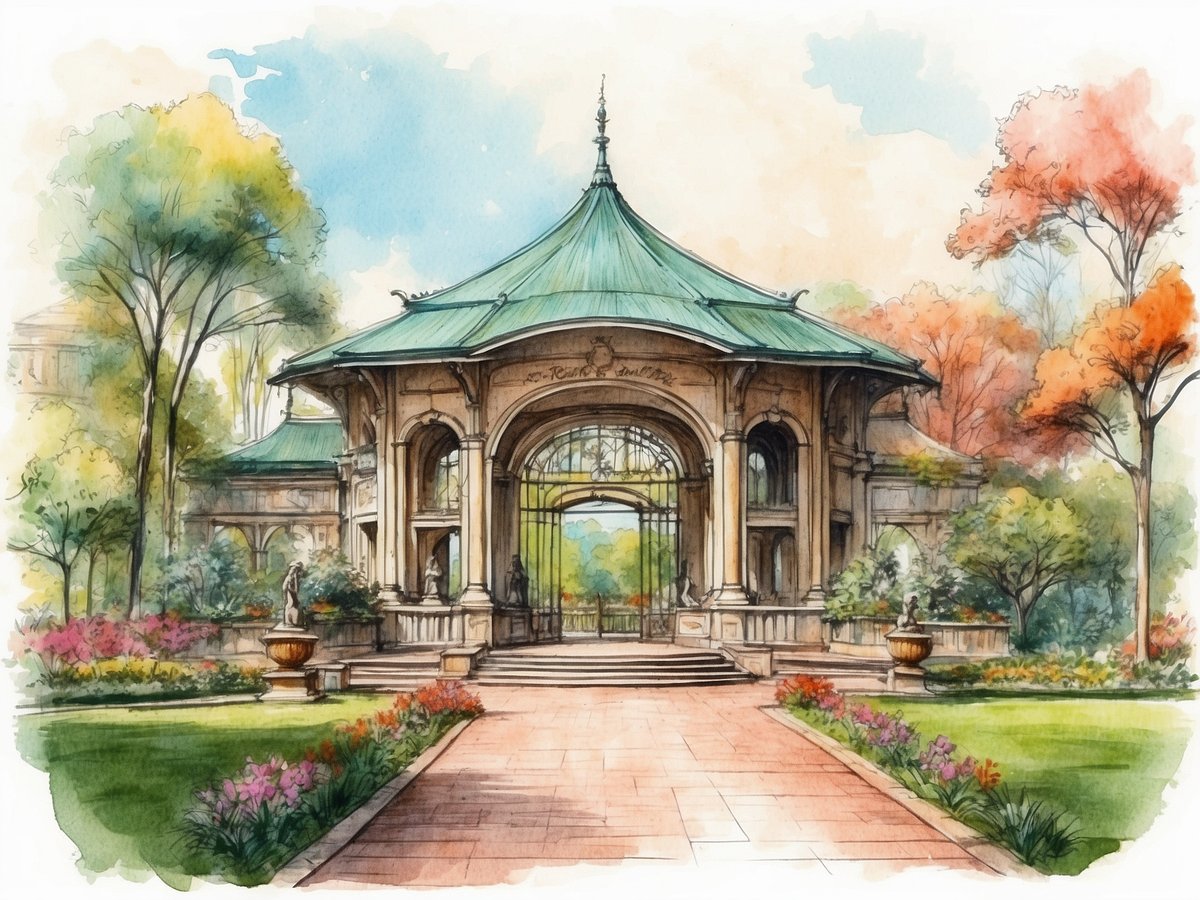 Im zoologischen Stadtgarten Karlsruhe ist ein beeindruckendes Gebäude zu sehen, das mit einem grünen, gewölbten Dach ausgestattet ist. Die Fassade ist elegant gestaltet und weist große, bogenförmige Fenster auf. Vor dem Gebäude erstreckt sich ein gepflegter Garten mit bunten Blumenbeeten und kunstvollen Skulpturen, die in Töpfen platziert sind. Die umgebenden Bäume sind in verschiedenen Farben, was dem Bild eine lebendige, herbstliche Atmosphäre verleiht. Der Zugang zum Gebäude erfolgt über einen gepflasterten Weg, der von blühenden Pflanzen gesäumt wird.