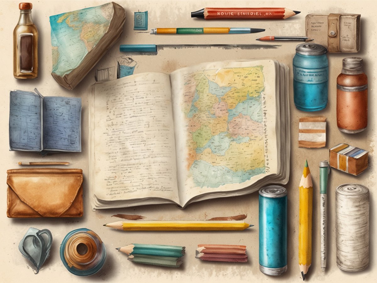 Auf dem Bild sind verschiedene Reiseutensilien und Schreibmaterialien zu sehen, die auf einem Tisch verteilt sind. In der Mitte liegt ein aufgeschlagenes Notizbuch mit handschriftlichen Notizen. Daneben befindet sich eine ausgefaltete Landkarte, die einen Überblick über die Region bietet. Es gibt mehrere Stifte in unterschiedlichen Farben, darunter zwei Bleistifte und einen grünen Stift. Außerdem sind zwei leere Flaschen, eine braune und eine blaue, sowie ein paar weitere kleine Behälter und Verpackungen sichtbar. Links oben liegt ein kleiner, beige Umschlag. Der Hintergrund ist in sanften Farben gehalten, die eine nostalgische Atmosphäre schaffen.