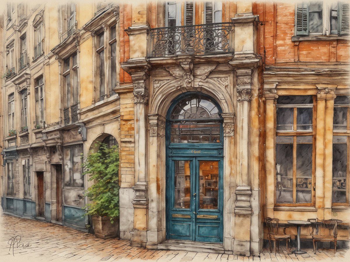 Eine malerische Straßenszene in Lüttich zeigt ein altes Gebäude mit einer schönen blauen Eingangstür und kunstvollen architektonischen Details. Die Fassade besteht aus warmen gelben und roten Steinen, die den Charme der Stadt unterstreichen. Neben der Tür steht ein kleiner Topf mit einer grünen Pflanze, die das Bild lebendig wirken lässt. Auf dem Bürgersteig stehen zwei Holztische mit Stühlen, die einladend wirken und zum Verweilen einladen. Diese Szenerie verkörpert die historische Schönheit und den Charakter von Lüttich und macht deutlich, warum ein Besuch in dieser Stadt ein unvergessliches Erlebnis sein sollte.