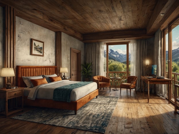 Auf dem Bild ist ein stilvolles Schlafzimmer mit einem großen Bett, einer gemütlichen Sitzecke und einem Fenster mit Blick auf die Berge zu sehen. Der Raum hat eine rustikale, aber moderne Einrichtung mit warmen Holztönen.

### Unterkunftsmöglichkeiten für jeden Geldbeutel:

1. **Günstig**: Hostels oder einfache Pensionen in der Nähe der Berge bieten oft gemütliche Zimmer zu erschwinglichen Preisen. Diese Optionen sind ideal für Reisende mit kleinem Budget.

2. **Mittelklasse**: In dieser Preisklasse findet man Bed & Breakfasts oder Boutique-Hotels, die sowohl Komfort als auch ein angenehmes Ambiente bieten. Diese Unterkünfte sind perfekt für Paare oder kleine Gruppen.

3. **Luxus**: Hochwertige Resorts oder Ferienwohnungen mit atemberaubendem Blick auf die Berge bieten erstklassige Annehmlichkeiten. Diese Orte sind ideal für einen entspannten Traumurlaub mit viel Komfort und Service.

Egal, welches Budget man hat, es gibt immer passende Optionen für einen angenehmen Aufenthalt!