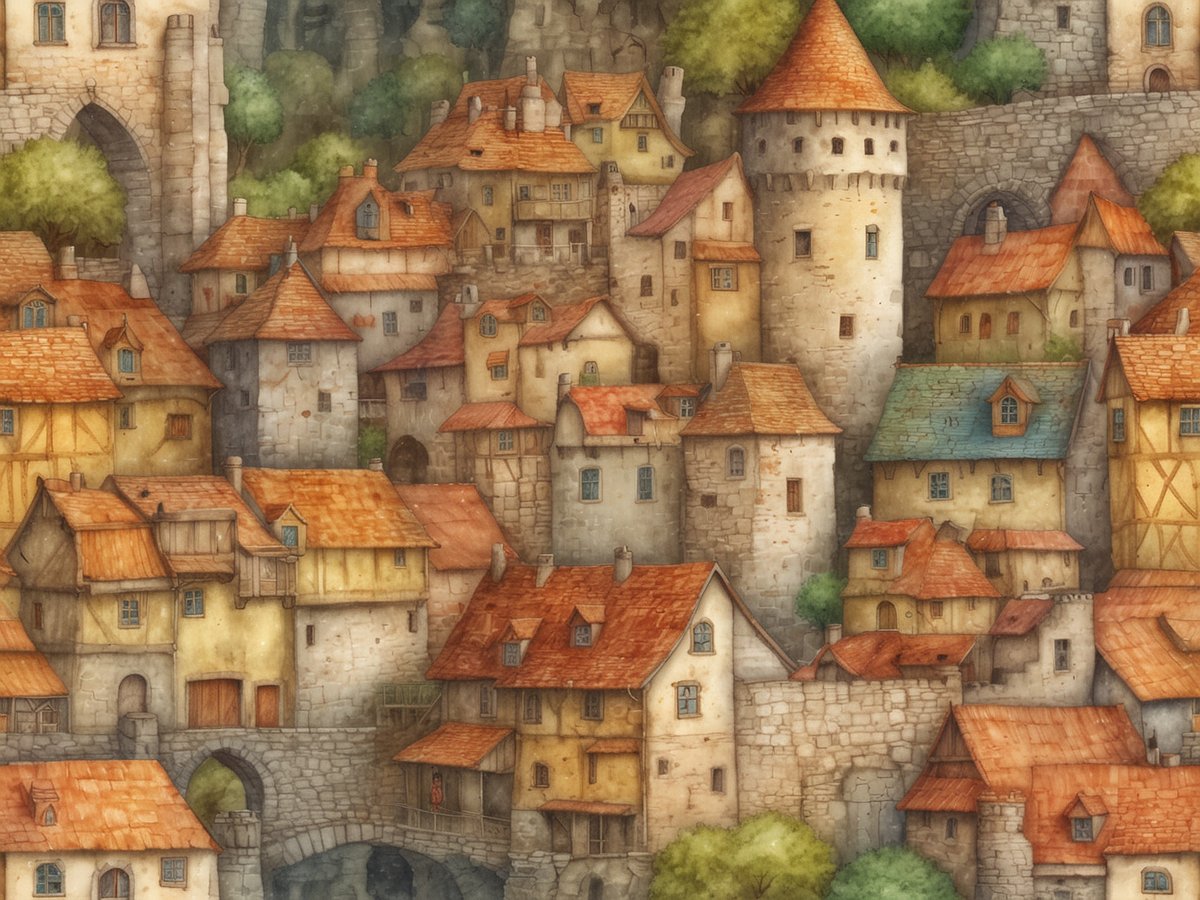 Eine malerische historische Stadt mit engen, verwinkelten Gassen und charmanten, kleinen Häusern, deren Dächer rot gefärbt sind. Die Gebäude variieren in Größe und Stil, einige haben beeindruckende Türme und steinerne Mauern, die eine mittelalterliche Atmosphäre schaffen. Grüne Bäume und eine Brücke über einen kleinen Wasserlauf fügen der Szenerie eine natürliche Note hinzu. Diese idyllische Stadt erinnert an die schönsten Orte für einen Urlaub in der Wallonie.
