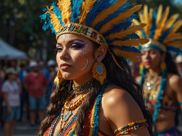 Auf dem Bild ist eine Frau zu sehen, die traditionelle Kleidung trägt, die häufig bei Festen und kulturellen Veranstaltungen in bestimmten indigenen Kulturen zu finden ist. Die bunten Federn und die kunstvolle Körperbemalung deuten auf einen feierlichen Anlass hin, möglicherweise eine Parade oder ein Fest, das kulturelle Identität und Traditionen zelebriert.

In vielen indigenen Kulturen, wie beispielsweise bei den Mexikanern, sind solche Feste oft mit Tänzen, Musik und Handwerkskunst verbunden. Diese Anlässe dienen der Stärkung der Gemeinschaft und der Weitergabe von Bräuchen und Geschichten an die nächste Generation. Die Verwendung von Symbolen und Mustern in der Kleidung und beim Makeup hat oft tiefere Bedeutungen und kann mit der Spiritualität und dem Glauben der jeweiligen Kultur verbunden sein.

Zusätzlich ist es üblich, dass solche Veranstaltungen eine Vielzahl von Gerichten aus regionalen Zutaten umfassen, die hervorgehoben werden, um die Verbundenheit mit der Natur und den Vorfahren zu feiern. Solche Feiern sind oft auch Gelegenheiten für die Gemeinschaft, sich zu versammeln und soziale Bindungen zu stärken.