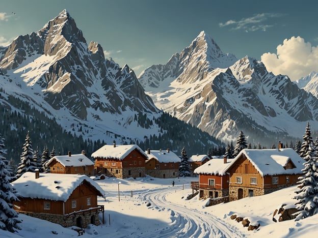 Auf dem Bild ist ein malerisches Winterzauber-Szenario in den Alpen zu sehen. Schneebedeckte Berge erheben sich majestätisch im Hintergrund, während im Vordergrund idyllische Holzhäuser mit schneebedeckten Dächern und umgeben von schneebedeckten Tannen stehen. Eine verschneite Straße schlängelt sich durch die Szene und verleiht dem Gesamtbild eine ruhige, fast märchenhafte Atmosphäre.