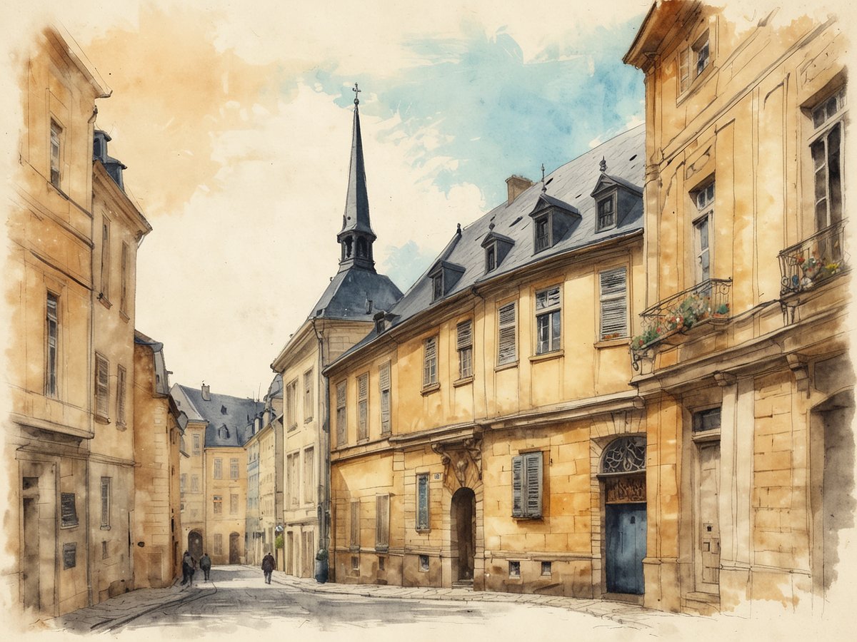 Eine malerische Gasse in Luxemburg, umgeben von charismatischen alten Gebäuden mit gelben Fassaden und blauen Fenstern. Im Hintergrund ragt ein hoher Kirchturm in den Himmel, und die sanften Farben des Himmels verleihen der Szene eine ruhige Atmosphäre. Zwei Personen schlendern entspannt durch die Gasse, während sich weitere historische Elemente im Bild verbergen. Ideal für einen Erkundungsbummel durch die charmante Altstadt von Luxemburg.