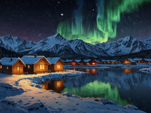 Auf dem Bild ist eine malerische Winterlandschaft zu sehen, die von schneebedeckten Bergen und einem ruhigen Gewässer umgeben ist. Über den Bergen tanzen beeindruckende Polarlichter in leuchtenden Grüntönen am Nachthimmel. Die warmen Lichter der Holzchalets reflektieren sich in dem Wasser und schaffen eine gemütliche Atmosphäre.

Ein solches Szenario erinnert an ausgefallene Winterreiseziele wie:

1. **Finnisch Lappland**: Bekannt für seine atemberaubenden Nordlichter und cozy Iglo-Hotels.
2. **Norwegische Fjorde**: Eine magische Winterlandschaft mit ruhigen Wasserwegen und schneebedeckten Gipfeln.
3. **Schweden – Abisko Nationalpark**: Berühmt für seine optimale Sicht auf die Aurora Borealis und wunderschönen Wanderwege.
4. **Island**: Wo beeindruckende Gletscher und die Möglichkeit, heiße Quellen zu genießen, auf dich warten.
5. **Kanadische Rockies**: Ein Paradies für Naturliebhaber, das im Winter für Skifahren und Schneeschuhwanderungen bekannt ist.

Solche Reiseziele bieten die perfekte Kulisse für ein unvergessliches Wintererlebnis!