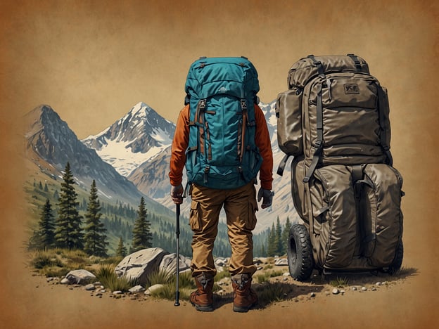 Auf dem Bild ist ein Wanderer zu sehen, der mit einem großen Rucksack in einer bergigen Landschaft steht. Die Umgebung ist geprägt von hohen Bergen und Wäldern, was auf eine Naturverbundenheit hindeutet. Der Wanderer hat einen Stock dabei und scheint sich auf eine längere Wanderung, wie den Jakobsweg, vorzubereiten. Die farbigen Rucksäcke zusätzlich verdeutlichen die Notwendigkeit umfassender Ausrüstung für solch eine Reise.