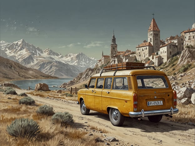 Auf dem Bild ist eine malerische Landschaft zu sehen, die eine gelbe Oldtimer-Limousine zeigt, die auf einer unbefestigten Straße fährt. Im Hintergrund sind majestätische Berge mit schneebedeckten Gipfeln zu erkennen, während sich ein ruhiger See in der Nähe befindet. Auf der gegenüberliegenden Seite sieht man eine historische Stadt mit charmanten Gebäuden und Türmen, die in die Landschaft eingebettet sind. Die gesamte Szenerie vermittelt ein Gefühl von Abenteuer und Nostalgie.