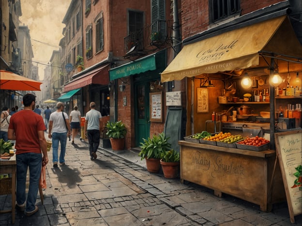 Auf dem Bild ist eine lebendige Straßenszene zu sehen, die das kulinarische Erlebnis von Street Food und Märkten widerspiegelt. An den Seiten der engen Gasse stehen charmante Stände, die frisches Obst und Gemüse anbieten. Die verschiedenen Farben der Produkte ziehen die Aufmerksamkeit auf sich und vermitteln ein Gefühl von Frische und Regionalität. 

Menschen schlendern durch die Straße, genießen die Atmosphäre und könnten vielleicht gerade auf der Suche nach einem schmackhaften Snack oder lokalen Spezialitäten sein. Die warmen Farben der Fassaden und die verschiedenen Essensstände tragen zum einladenden Flair des Marktes bei. Solche Stände sind oft Orte, an denen man die lokale Küche hautnah erleben kann, sei es durch das Probieren von saisonalen Früchten oder durch das Entdecken traditioneller Gerichte.