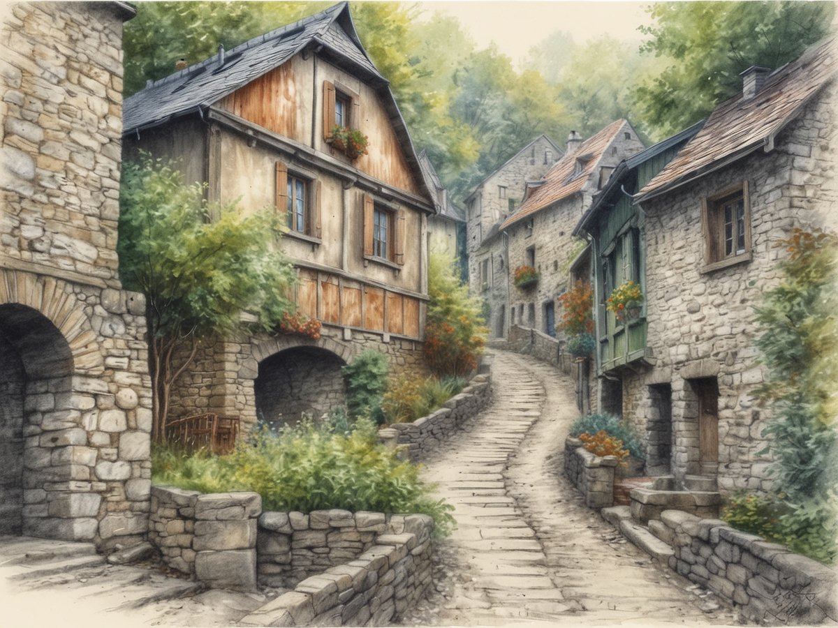 Eine malerische Gasse mit charmanten Steinhäusern, die von üppigem Grün umgeben sind. Die Häuser haben Holzverkleidungen und bunte Blumenkästen an den Fenstern. Der gepflasterte Weg schlängelt sich sanft bergan, umgeben von blühenden Pflanzen und Bäumen, die eine einladende und ruhige Atmosphäre schaffen. Diese Szene spiegelt das entspannte Leben in den Ardennen wider und zeigt, wie idyllisch kleine, historische Dörfer dort sind.