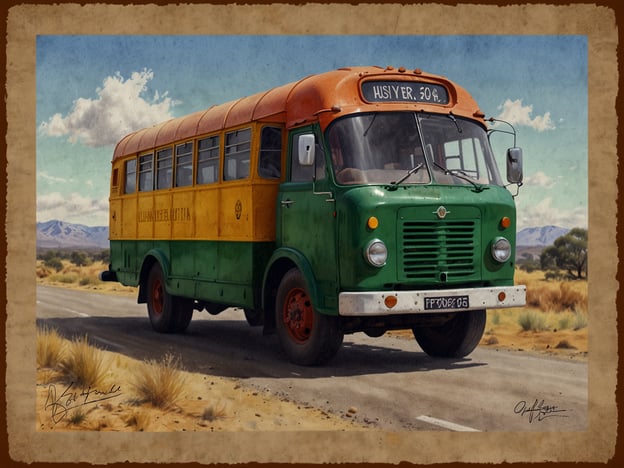 Auf dem Bild ist ein bunt lackierter Oldtimer-Bus zu sehen, der auf einer verlassenen Straße in einer ländlichen Umgebung fährt. Bei der Vorbereitung und Planung einer Reise könnte dieser Bus beispielsweise für einen Transportdienst in einem Abenteuer oder einer Rundreise genutzt werden. 

Vor der Reise wäre es wichtig, Informationen über die verfügbaren Buslinien und deren Fahrpläne einzuholen. Außerdem wäre eine Planungsphase zur Festlegung der Routen und Stationen für Stopps oder Besichtigungen sinnvoll, damit die Reise optimal gestaltet werden kann. Eventuell könnte man auch die Ausstattung und den Komfort des Busses in Betracht ziehen, um eine angenehme Reiseerfahrung zu gewährleisten.