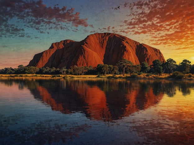 Auf dem Bild ist ein beeindruckender Felsen zu sehen, der wahrscheinlich die Uluru (Ayers Rock) in Australien darstellt. Dieser ikonische Ort ist ein beliebtes Reiseziel, bekannt für seine majestätische rot-orange Farbe, die sich besonders bei Sonnenuntergang zeigt. Der Uluru ist nicht nur ein Naturwunder, sondern hat auch große kulturelle Bedeutung für die indigenen Anangu-Völker. Im Vordergrund spiegelt sich der Felsen im Wasser, was die Schönheit der Landschaft unterstreicht.