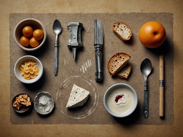 Auf dem Bild sind verschiedene Nahrungsmittel und Bestecke ansprechend angeordnet. Zu sehen sind:

- Eine Schüssel mit kleinen, gelben Früchten (vielleicht Eierfrüchte oder Kirschtomaten).
- Eine Schale mit geschnittenen Früchten oder Mandeln.
- Ein Stück Käse mit schwarzem Pfeffer.
- Eine Schale mit einer cremigen Speise, möglicherweise Joghurt oder Quark, dekoriert mit einem kleinen Klecks Soße.
- Scheiben von Brot, das möglicherweise ein dunkles Vollkornbrot ist.
- Eine Orange als frisches Obst.

In Bezug auf die Ernährung vor und während des Fluges sind leicht verdauliche Snacks, wie frisches Obst und milde Snacks, empfehlenswert. Diese helfen, den Körper mit Energie zu versorgen und vermeiden schwere Mahlzeiten, die die Verdauung im Flieger belasten könnten. Der Verzehr von fettigen oder stark gewürzten Speisen sollte vermieden werden, um Unwohlsein zu vermeiden.