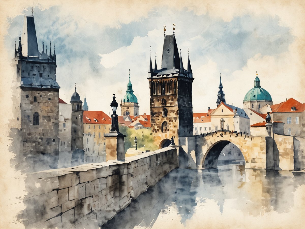 Die Karlsbrücke in Prag wird von beeindruckenden historischen Türmen flankiert, während die sanften Wellen der Moldau reflektiert werden. Im Hintergrund erheben sich geschichtsträchtige Gebäude mit grünen Kuppeln und Spitzdächern. Die Atmosphäre ist ruhig und malerisch, was die Schönheit der Stadt unterstreicht. Ideal für Reisende, die die Architektur und das Flair Prags erleben möchten.
