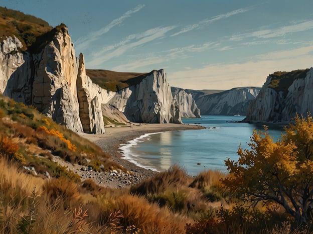 Auf dem Bild ist eine beeindruckende Küstenlandschaft zu sehen, die von majestätischen weißen Klippen und sanften Hügeln geprägt ist. Das ruhige Wasser spiegelt die umliegenden Felsen und den klaren Himmel wider, während das Ufer von feinem Sand und vegetativen Akzenten gesäumt ist. Das Zusammenspiel von Licht und Schatten sowie die unterschiedlichen Farbtöne der Natur schaffen eine faszinierende und harmonische Szenerie. Solche Naturlandschaften zeigen die Schönheit und Vielfalt der Erde in ihrer reinsten Form.