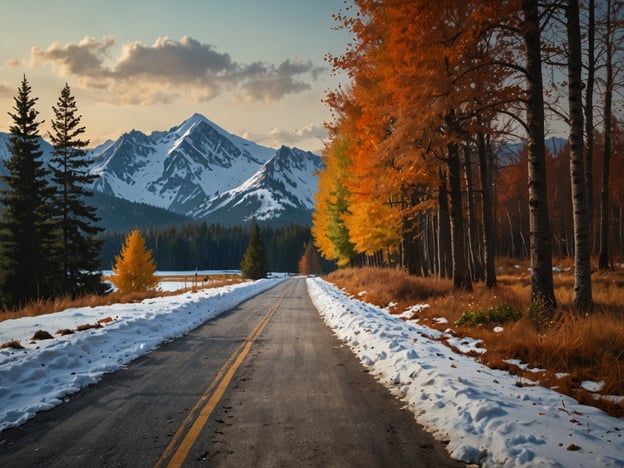 Auf dem Bild ist eine malerische Straße zu sehen, die durch eine herbstliche Landschaft führt, mit bunten Bäumen an den Seiten und schneebedeckten Bergen im Hintergrund. Hier sind einige praktische Reisetipps für solche Landschaften:

1. **Kleidung**: Zieh dich warm an, da es in bergigen Gegenden schnell kühl werden kann, besonders in der Nähe von Schnee.

2. **Fotografie**: Nutze die golden hour (kurz nach Sonnenaufgang oder vor Sonnenuntergang) für die besten Lichtverhältnisse bei Fotos.

3. **Fahrzeug**: Stelle sicher, dass dein Fahrzeug wintertauglich ist, falls du in schneebedeckte Gebiete fährst. Winterreifen sind oft unerlässlich.

4. **Planung**: Informiere dich über die Wetterbedingungen und die Straßensperrungen in der Region, besonders im Herbst und Winter.

5. **Natur genießen**: Halte regelmäßig an, um die Aussicht zu genießen und die Schönheit der Natur auf dich wirken zu lassen. 

Viel Spaß beim Reisen!