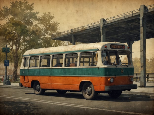 Auf dem Bild ist ein Oldtimer-Bus zu sehen, der an einer Haltestelle parkt. Der Bus hat eine auffällige orange-grüne Farbgebung. In der Umgebung gibt es einige Bäume und eine Brücke im Hintergrund, die eine urbane Umgebung andeutet. Dieser Bus repräsentiert eine Form des öffentlichen Verkehrs, die den Passagieren eine Möglichkeit bietet, sich innerhalb der Stadt fortzubewegen. Der Anblick des Busses weckt nostalgische Erinnerungen an vergangene Transportmittel und die Fortbewegung in städtischen Gebieten.