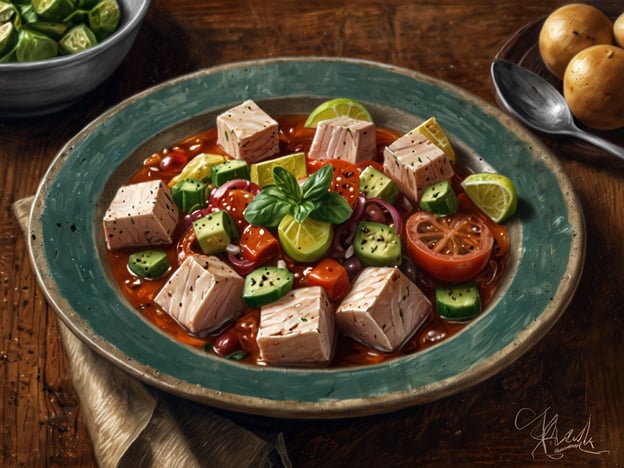 Auf dem Bild ist eine bunte, ansprechende Speise zu sehen, die aus gewürfeltem Fleisch oder Fisch, frischem Gemüse und Gewürzen besteht. In vielen Ländern Südamerikas ist ein solches Gericht, das oft eine Mischung aus verschiedenen Zutaten ist, sehr beliebt. Die Verwendung von frischen Zutaten wie Tomaten, Limetten und Avocado erinnert an typische Rezepte aus der Region, wo Aromen und Farben eine zentrale Rolle spielen. 

Ein ähnliches südamerikanisches Gericht könnte Ceviche sein, das oft mit frischem Fisch, Limettensaft und frischem Gemüse zubereitet wird. Auch Salate oder Eintöpfe, die reich an Gemüse und Proteinen sind, sind in vielen südamerikanischen Küchen verbreitet.