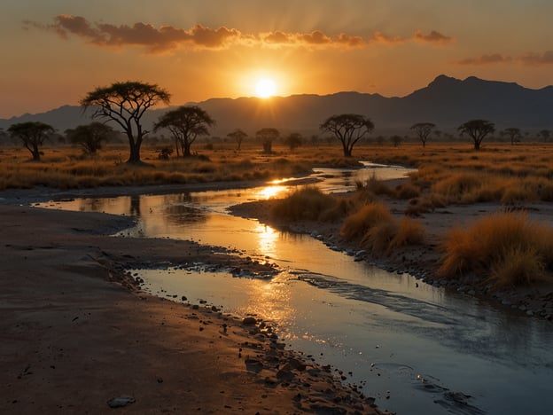 Auf dem Bild ist eine atemberaubende Landschaft zu sehen, in der die unvergleichliche Natur erlebt werden kann. Die Sonne geht über einer weitläufigen Ebene mit sanften Hügeln und Bäumen auf, während das Licht sanfte Reflexionen im Wasser eines kleinen Flusses erzeugt. Die goldenen Farben des Sonnenuntergangs schaffen eine friedliche und malerische Atmosphäre, die die Schönheit der Natur eindrucksvoll unterstreicht.