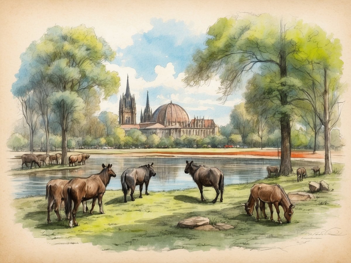 Eine idyllische Szene im Tiergarten Nürnberg zeigt grasende Kühe auf einer Wiese neben einem schimmernden Gewässer. Im Hintergrund erhebt sich ein beeindruckendes Gebäude mit spitzen Türmen, umgeben von grünen Bäumen und einer klaren blauen Himmel. Die Tiere stehen entspannt auf dem saftigen Grün, während einige am Ufer des Wassers grasen.
