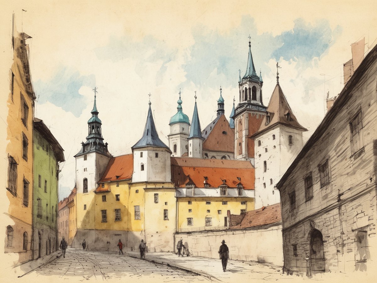 Eine malerische Straßenansicht von Krakau, die einige historische Gebäude mit auffälligen Türmen und Dächern zeigt. Im Vordergrund befindet sich eine gepflasterte Straße, auf der einige Personen spazieren gehen. Die Gebäude sind in verschiedenen Farben gehalten, darunter Gelb und Grün, und der Himmel ist klar und weich blau gefärbt. Diese Szenerie vermittelt den Charme und die Geschichte von Krakau und lädt dazu ein, die Stadt zu erkunden und die Architektur zu bewundern.