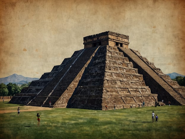 Auf dem Bild ist eine große, steinerne Pyramide zu sehen, die vermutlich einen historischen Zugang zur Kultur und Architektur der alten Zivilisationen in Amerika darstellt. Diese Art von Bauwerk erinnert an die Maya- oder Azteken-Pyramiden, die Zeugnisse für das reiche kulturelle und religiöse Erbe der indigenen Völker Amerikas sind. 

Solche Stätten sind wichtige historische Symbole und tragen zur modernen Kultur bei, indem sie Touristen und Forscher anziehen, die mehr über die komplexen Gesellschaften und deren Einfluss auf die heutige Zeit erfahren möchten. Der Kontrast zwischen der antiken Architektur und der zeitgenössischen Gesellschaft, die in der Nähe der Pyramide interagiert, zeigt, wie das historische Erbe Amerikas weiterhin eine Quelle der Inspiration und des Lernens ist.