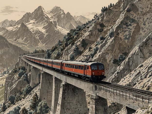 Auf dem Bild ist ein Zug zu sehen, der über eine beeindruckende Brücke fährt, umgeben von majestätischen Bergen. Diese Szenerie erinnert an einige der besten europäischen Zugrouten, wie die Bernina-Bahnhof-Linie in der Schweiz, die für ihre atemberaubenden Landschaften bekannt ist. Auch die Strecke von Zermatt nach Gornergrat bietet spektakuläre Ausblicke auf die Alpen. Solche malerischen Routen sind ideal für Reisende, die die Schönheit der Natur genießen möchten.