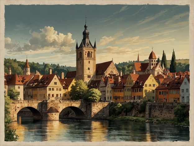 Auf dem Bild ist eine malerische, historische Stadt mit charmanten, bunten Häusern zu sehen, die am Ufer eines Flusses liegt. Die Architektur erinnert an europäische Städte, die oft romantische Elemente wie kleine Brücken und Turmdächer aufweisen. Diese Szenerie könnte an romantische Orte wie Rothenburg ob der Tauber oder Bamberg in Deutschland erinnern, wo ähnliche pittoreske Ausblicke und ein historisches Flair vorhanden sind. Solche Städte bieten eine märchenhafte Atmosphäre und laden zu ausgedehnten Spaziergängen und Entdeckungstouren ein.