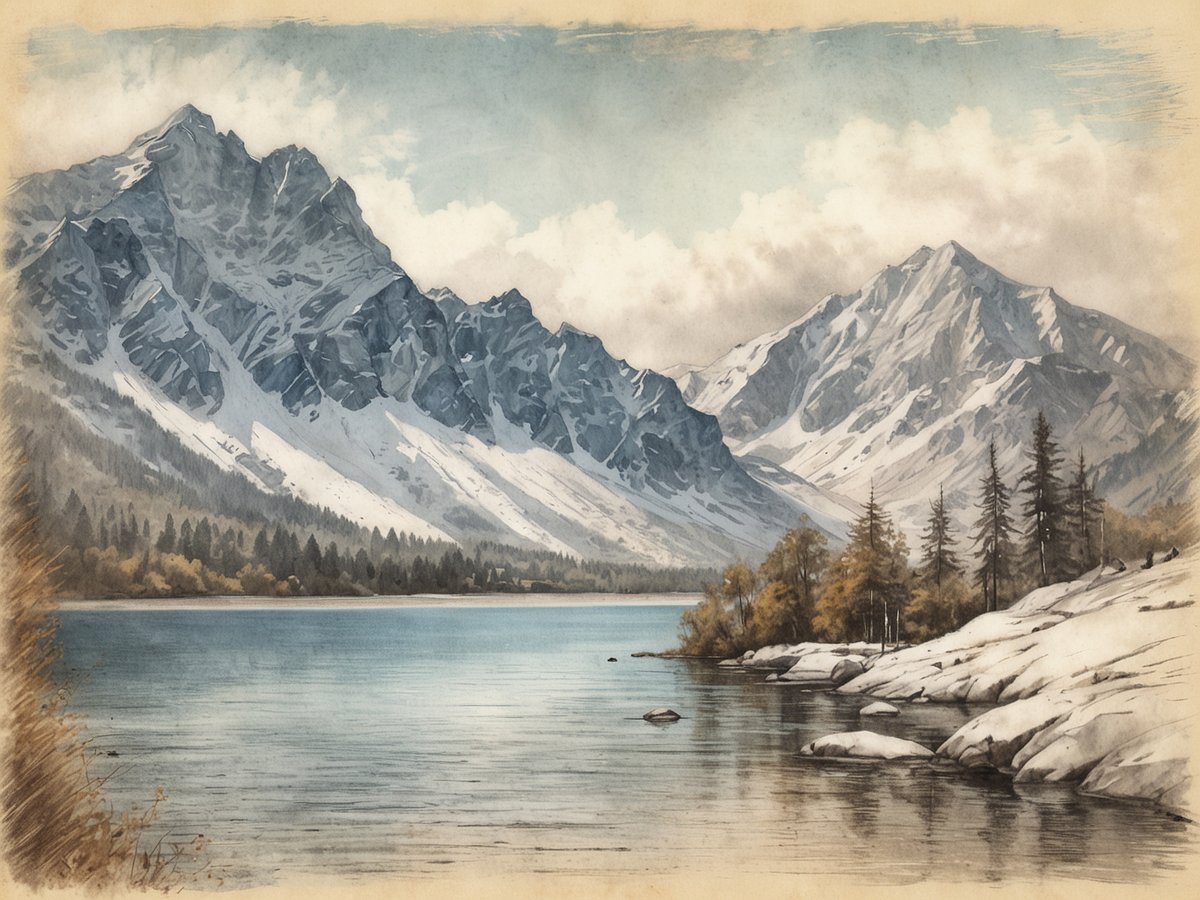 Eine malerische Landschaft zeigt majestätische Berge, deren Gipfel mit Schnee bedeckt sind. Am Fuß der Berge erstreckt sich ein ruhiger, klarer See, dessen Wasser in sanften Blautönen schimmert. Ufernah wachsen kleine Bäume und Sträucher, die die idyllische Szenerie ergänzen. Die Wolken am Himmel sind leicht und sorgen für eine friedliche Atmosphäre. Diese Landschaft könnte eine der schönsten Destinationen für einen Urlaub in Polen sein, die Natur und Ruhe perfekt kombiniert.
