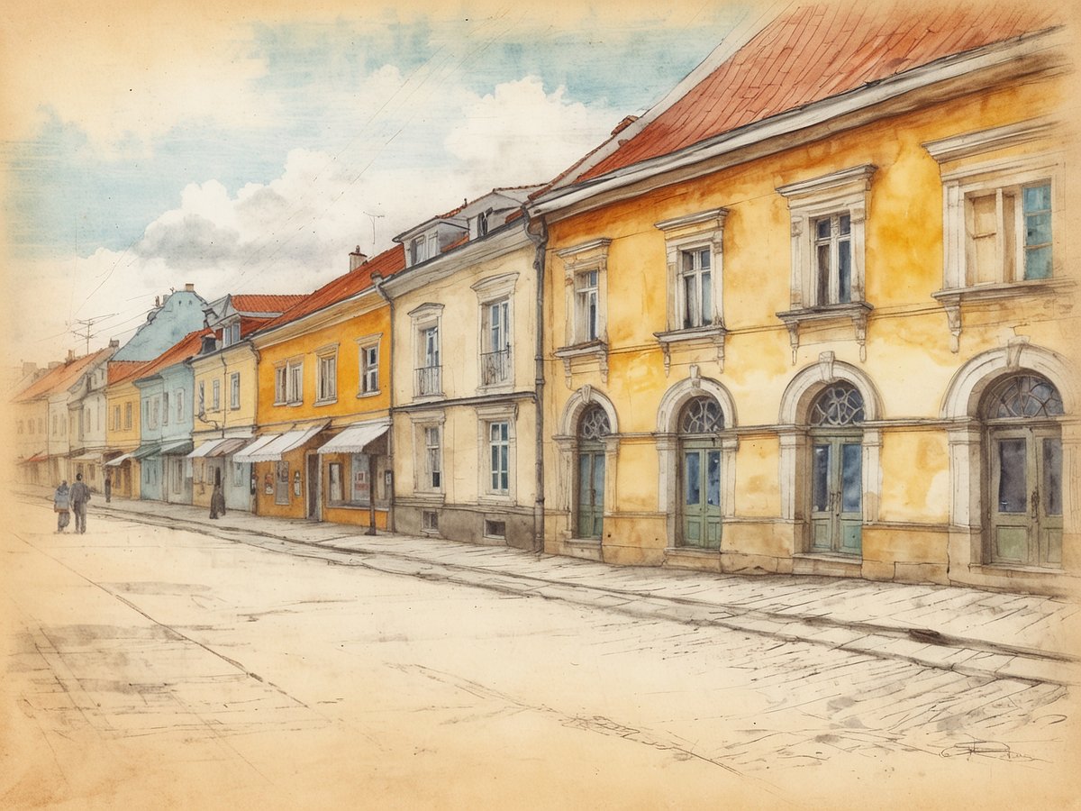 Eine malerische Straße mit bunten Gebäuden, die historische Architektur widerspiegeln. Die Fassaden sind in verschiedenen warmen Farbtönen gehalten, darunter Gelb und Blau. Auf der linken Seite sind mehrere kleine Geschäfte mit Markisen zu sehen. Zwei Personen in der Mitte der Straße schlendern gemütlich, während der Himmel sanft mit Wolken durchzogen ist. Diese Kulisse zeigt die charmante Atmosphäre litauischer Städte, die ideal für Entdeckungstouren und das Eintauchen in die Geschichte sind.