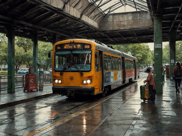 Auf dem Bild ist eine Straßenbahn zu sehen, die an einer Haltestelle hält. Die Straßenbahn ist ein gängiges Transportmittel in vielen Städten, das es den Menschen ermöglicht, schnell und effizient von einem Ort zum anderen zu gelangen. An der Haltestelle stehen Passagiere, einige von ihnen sind mit Gepäck ausgestattet, was darauf hindeutet, dass sie reisen. 

In vielen Ländern sind öffentliche Verkehrsmittel wie Straßenbahnen, Busse und U-Bahnen wichtige Fortbewegungsmittel, die es den Menschen erleichtern, sich im urbanen Raum fortzubewegen und die Umwelt zu schonen, da sie eine umweltfreundliche Alternative zum Individualverkehr darstellen.