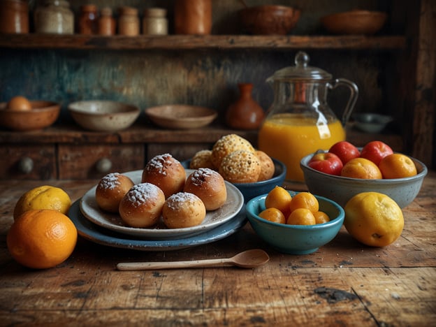 Auf dem Bild ist ein wahres Paradies für Feinschmecker zu sehen. Man findet eine Vielzahl von köstlichen Backwaren, darunter kleine Brötchen, die mit Puderzucker bestreut sind. Dazu gibt es frisches Obst wie Äpfel, Orangen und Zitronen sowie eine bunte Mischung von anderen Früchten in Schalen. Ein Gefäß mit orangem Saft rundet das ansprechende Arrangement ab. Die rustikale Holzoberfläche und die ansprechend dekorierten Schalen verleihen der Szene eine einladende, gemütliche Atmosphäre.