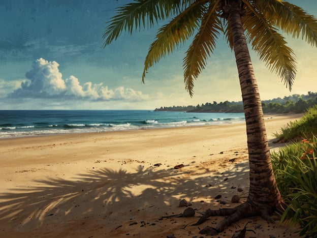 Auf dem Bild ist ein wunderschöner Strand zu sehen, wo man atemberaubende Sehenswürdigkeiten bestaunen kann. Im Vordergrund steht eine Palme, deren Schatten sich sanft auf den feinen Sand erstreckt. Das Meer ist ruhig und die Wellen brechen sanft am Ufer. Der Himmel ist klar und von schönen Wolken durchzogen, was die malerische Szenerie perfekt ergänzt. Diese Umgebung lädt ein, die Ruhe der Natur zu genießen und den Blick auf das glitzernde Wasser zu schweifen.